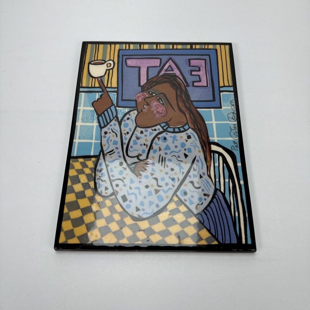 Pat Custer Denison Ceramic Tile "Dining Out" 8x6 Lady Women EAT Coffee